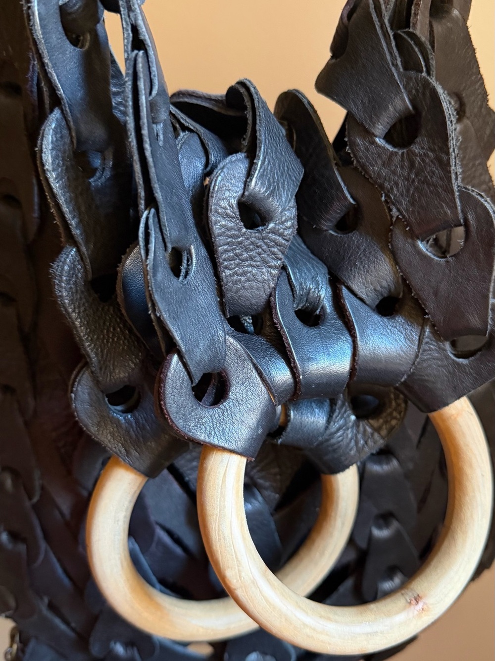 Italian Leather Woven Tote with Wooden Ring Handles - Picture 5 of 6